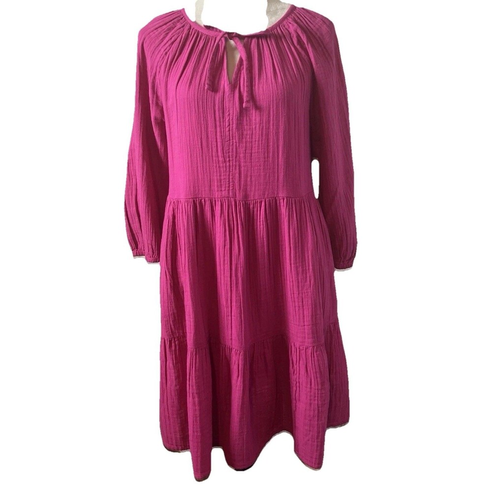 Sonoma Women's Dress Magenta 3/4 Balloon Sleeves Elastic Cuff Cotton Medium NEW